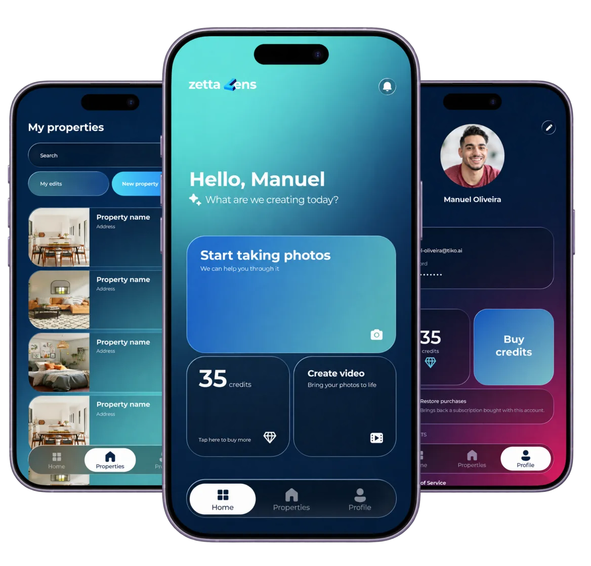 The Zetta Lens app shown across three screens: property list, home dashboard and account.