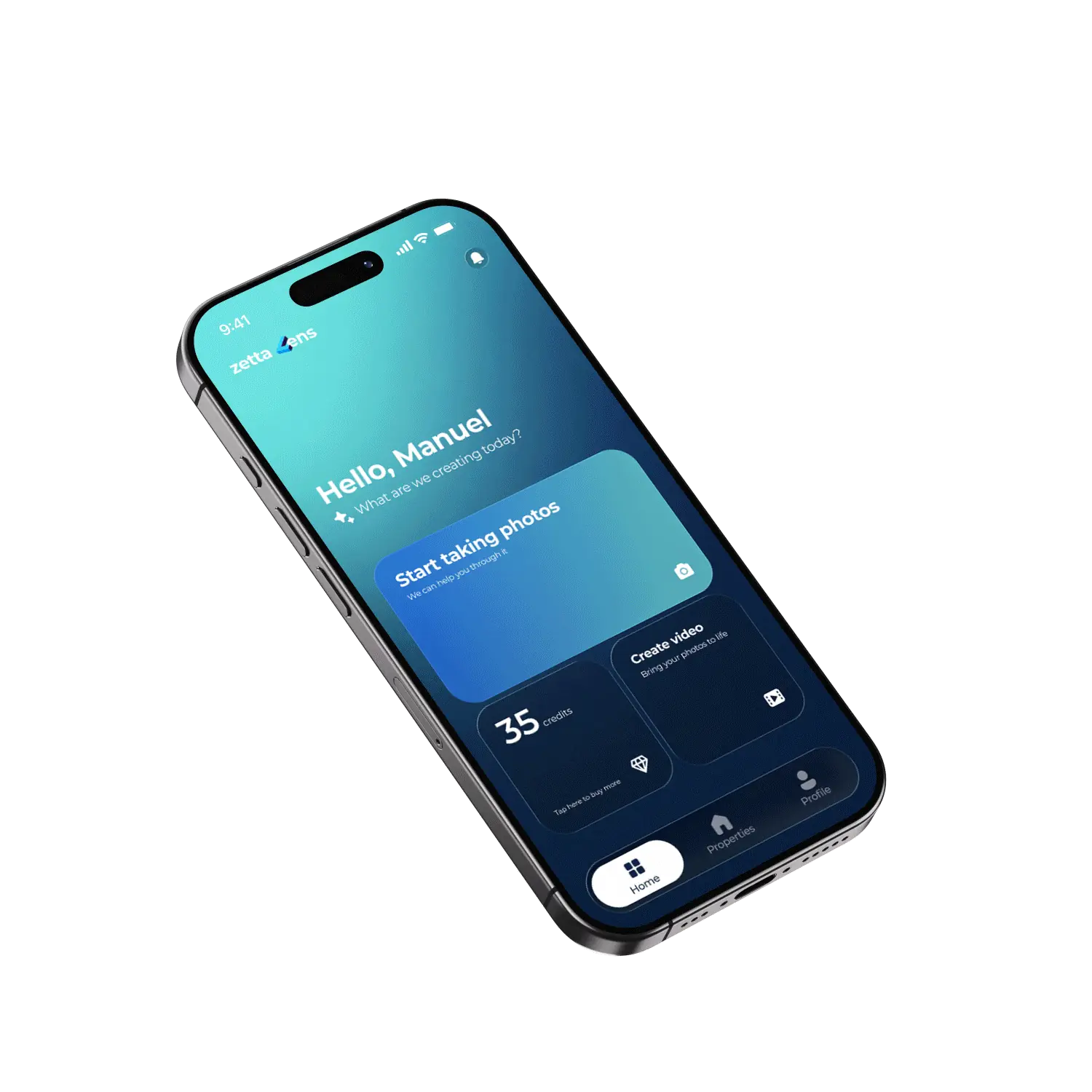 The Zetta Lens app: the home screen with shortcuts to take photos and create videos, and the property list.