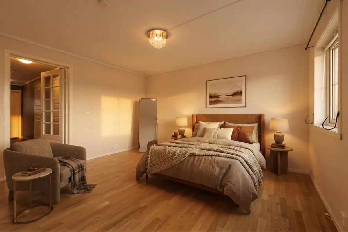 An empty bedroom and the same room staged under the selected lighting.