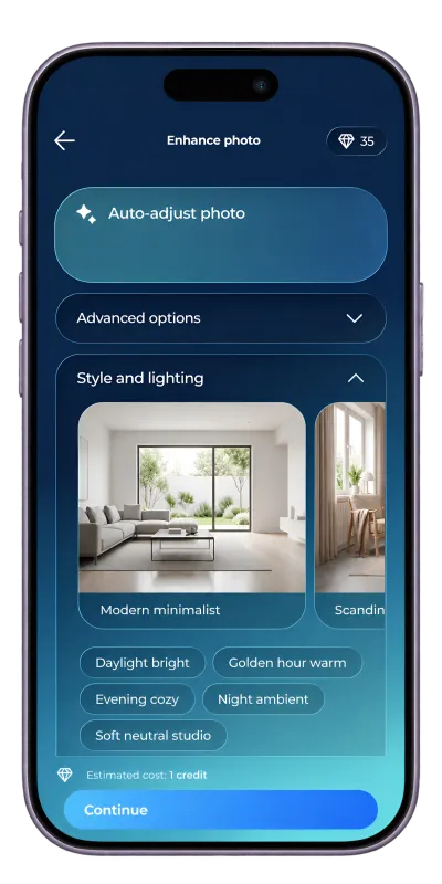 The Zetta Lens staging screen with style and lighting options.