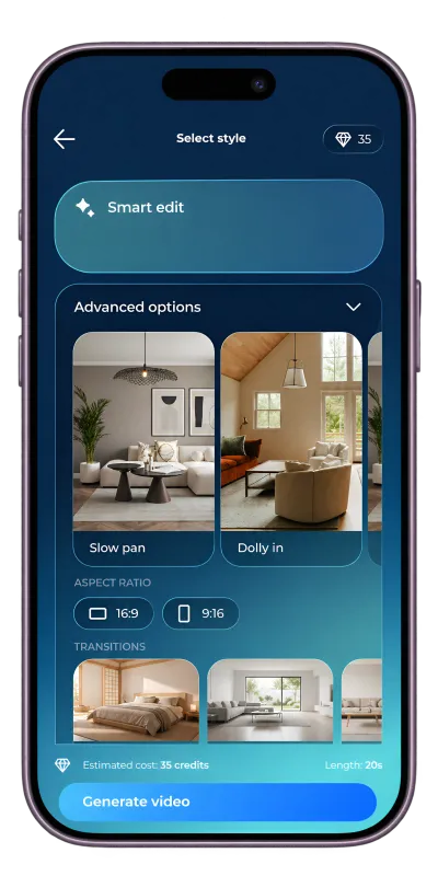 The Zetta Lens video editor with style, ratio and transition options.