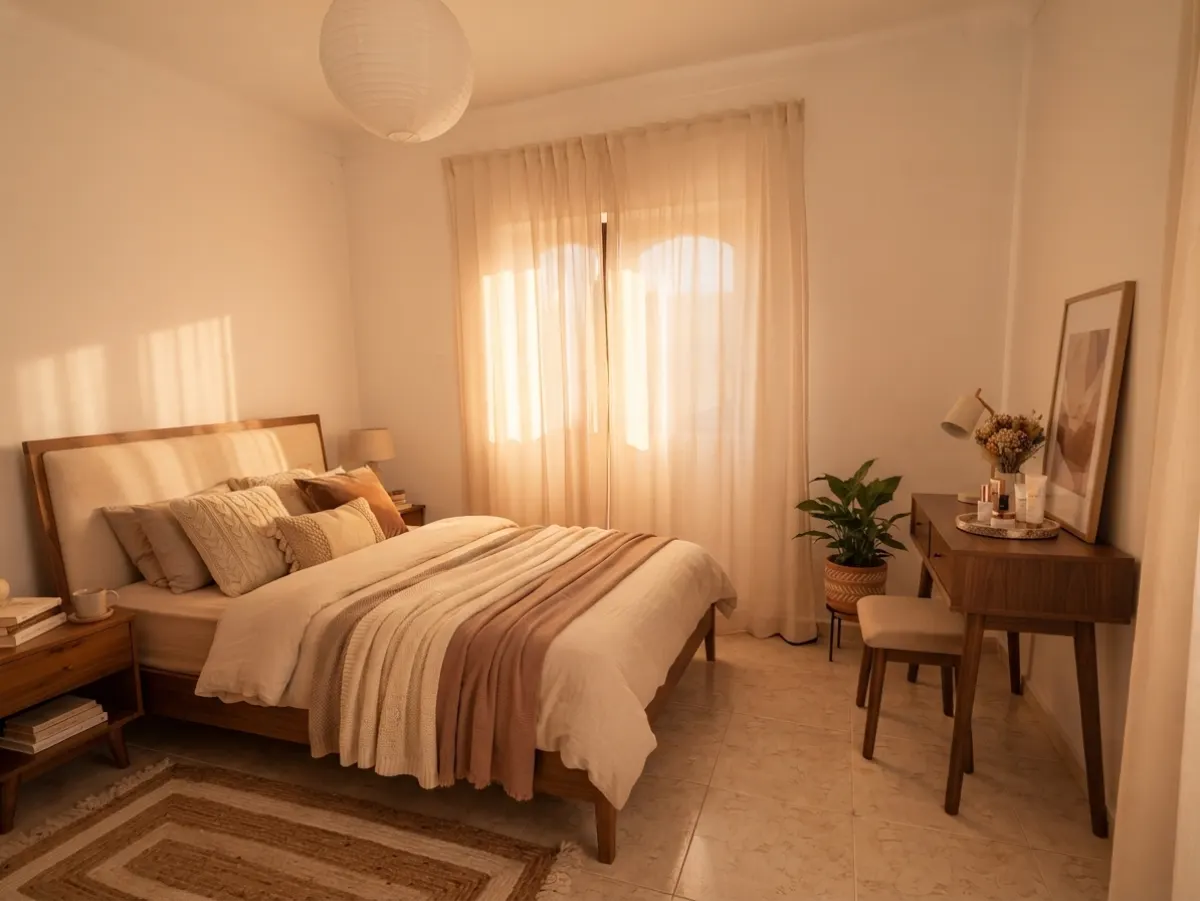 A staged bedroom used as a video frame.